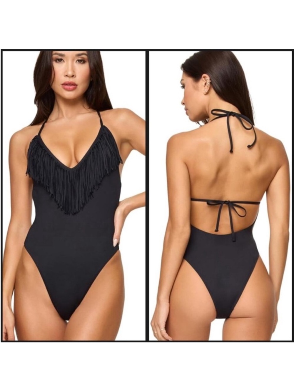 L*Space Black Fringe Deep Plunge Open Back One Piece Swimsuit
